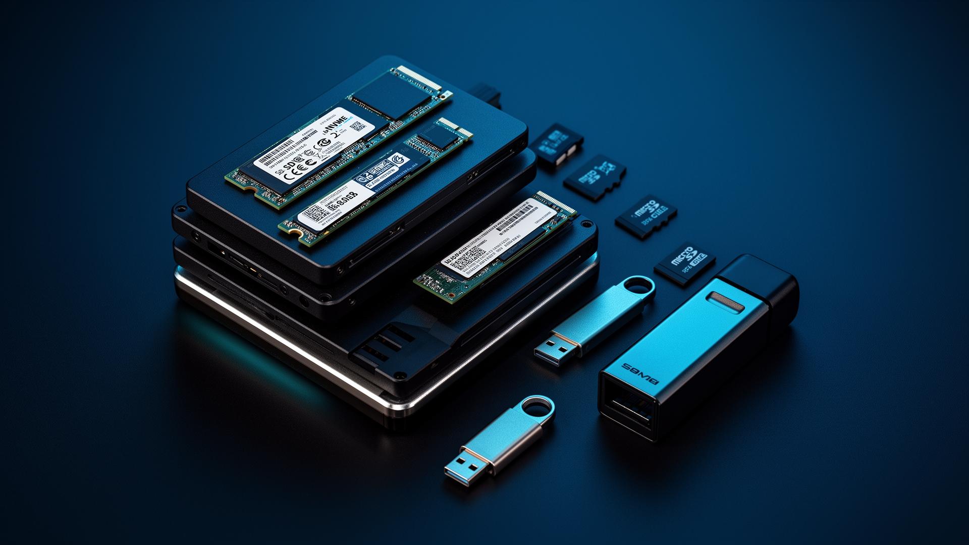 Razni uređaji za pohranu podataka — diskovi, SSD-ovi i flash memorija